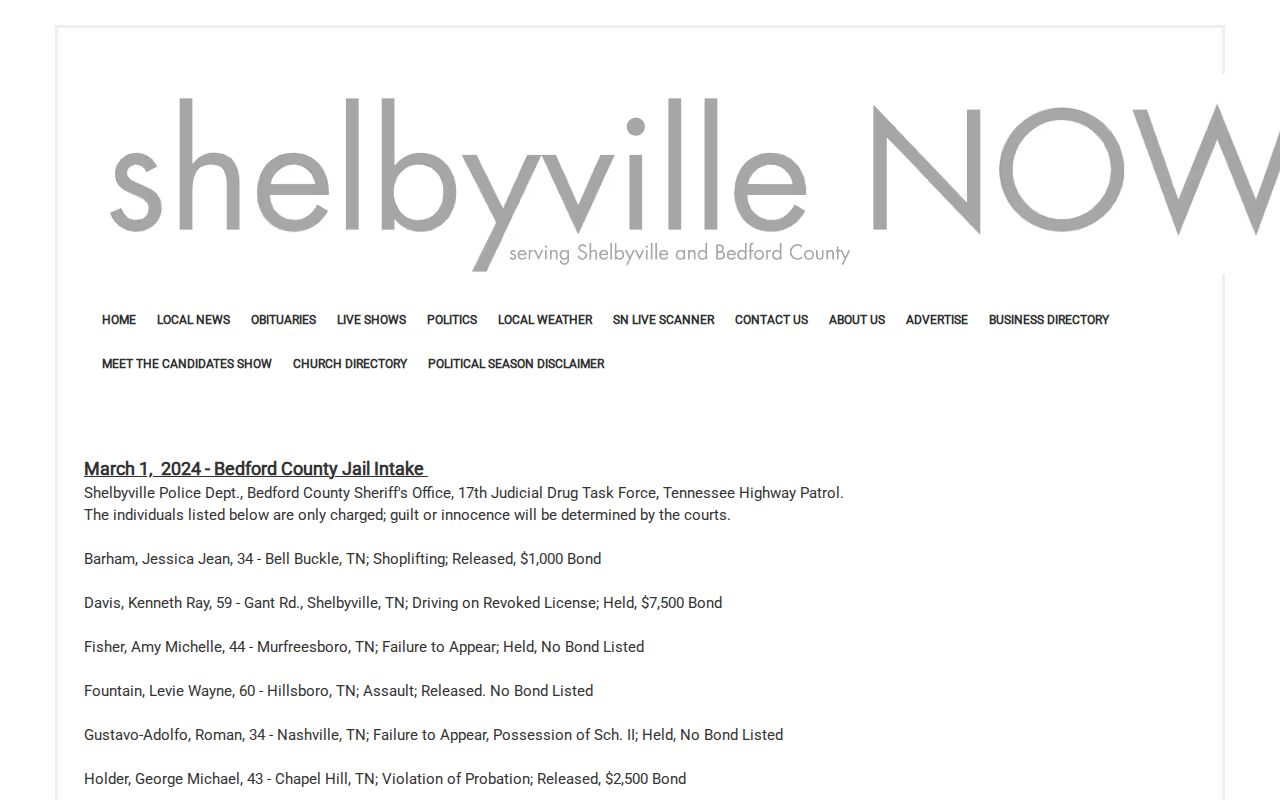 Bedford County arrest log cadence example from March 2024