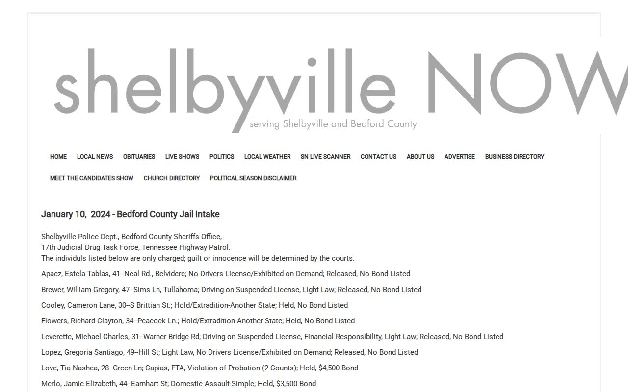 Bedford County multi-day arrest log example from Shelbyville Now